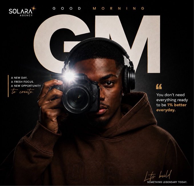 This image features a man holding a camera, with "GOOD MORNING GM" and "SOLARA AGENCY" text,