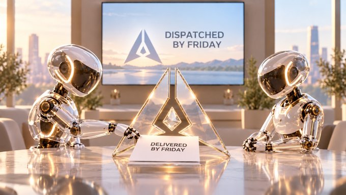 Two futuristic metallic robots sit at a table with a crystalline pyramid object, with a screen and card reading 'DISPATCHED BY FRIDAY' and 'DELIVERED BY FRIDAY'.