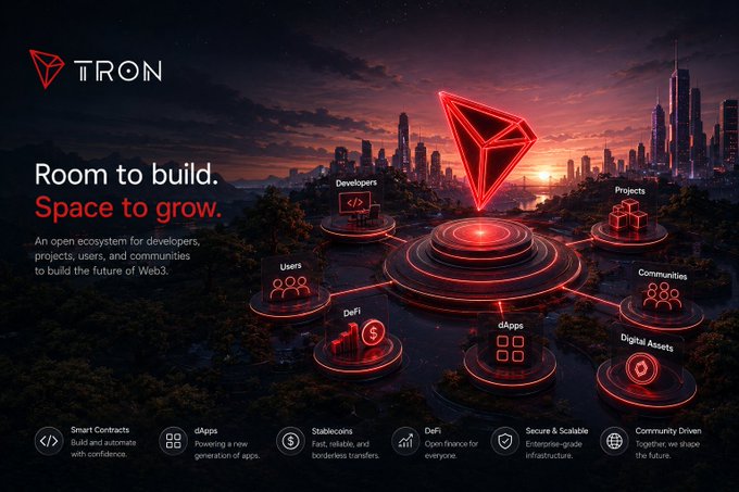 A promotional banner for 'TRON' blockchain with the tagline 'Room to build. Space to grow.', depicting a central red Tron logo connecting to various ecosystem features like Developers, DeFi, and dApps.