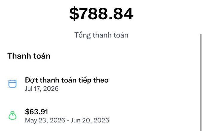 A payment summary screen showing a total of $788.84, with a next payment due Jul 17, 2026, and a previous $63.91 charge for May 23 – Jun 20, 2026, labeled in Vietnamese as 'Tổng thanh toán' and 'Thanh toán'.
