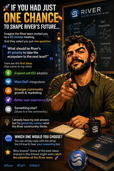 A promotional graphic asking the River community to vote on the ecosystem's top priority, with options including expanding satUSD adoption, more DeFi integrations, stronger community growth, and better UX. The image features a bearded man pointing at the viewer, with branded "River - Building the Future of DeFi" elements and hashtags #River #DeFi #Web3.
