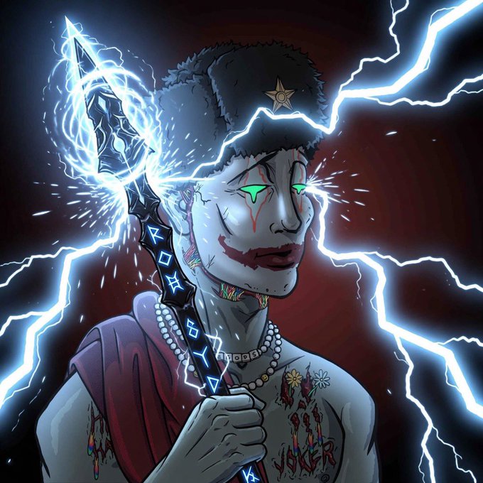 Digital artwork of a clown-like figure with a red star on a fur hat, glowing green eyes, and facial markings, holding a glowing lightning-charged sword with runic symbols, set against a red sky with lightning bolts.