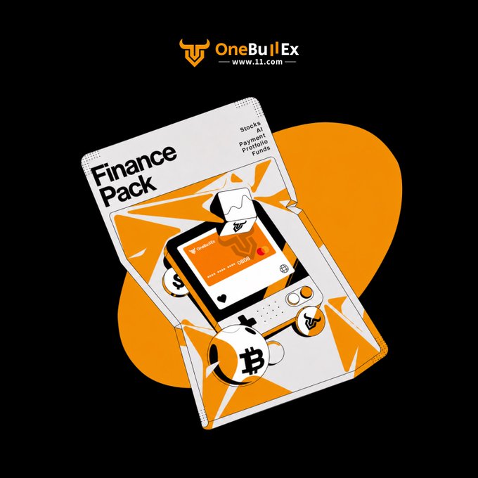 OneBullEx (www.111.com) promotional graphic for a 'Finance Pack' containing Stocks, AI, Payment, Portfolio, and Funds, displayed over an orange and black background.