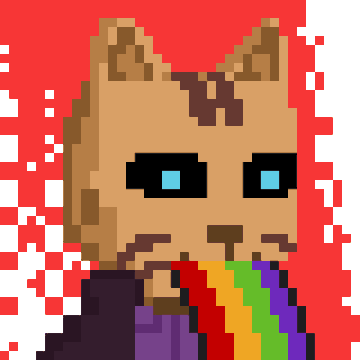 A pixel art portrait of a cat with blue eyes and a rainbow-striped shirt on a red splatter background, matching the post's appreciation for unique pixel art and cats.