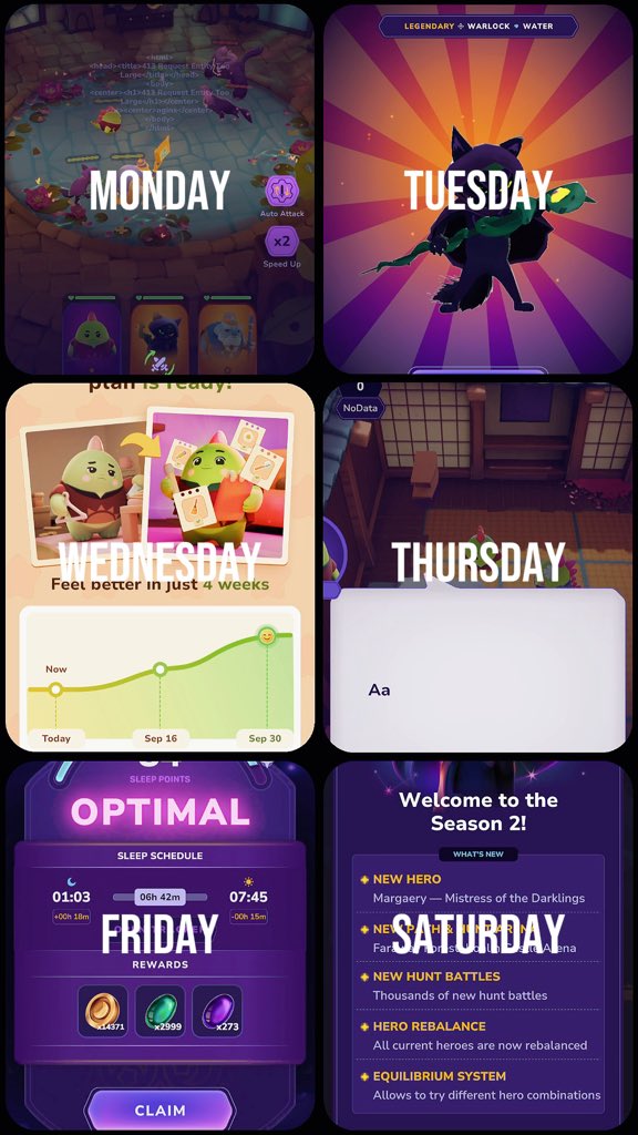 A six-panel collage shows various mobile app and game screenshots labeled with the days of the week: Monday (gameplay), Tuesday (a warlock character), Wednesday (an app with photos), Thursday (a game scene), Friday (a sleep schedule showing 'OPTIMAL'), and Saturday ('Welcome to the Season 2!').