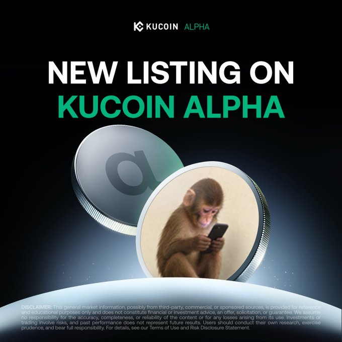 A promotional graphic for a new listing on KuCoin Alpha features two coin tokens, one displaying the "α" (alpha) symbol and the other showing a meme image of a monkey using a smartphone, which represents the newly listed $fone token. The bottom of the image includes a disclaimer about market information risks, while the accompanying post announces that $fone trading is now live on the Solana chain in the KuCoin Alpha Zone.