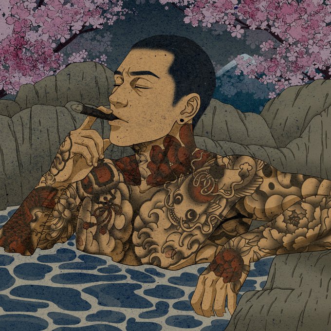 An illustration in a traditional Japanese ukiyo-e style shows a tattooed, short-haired man smoking a pipe while soaking in a hot spring, framed by pink cherry blossoms and gray rocks.