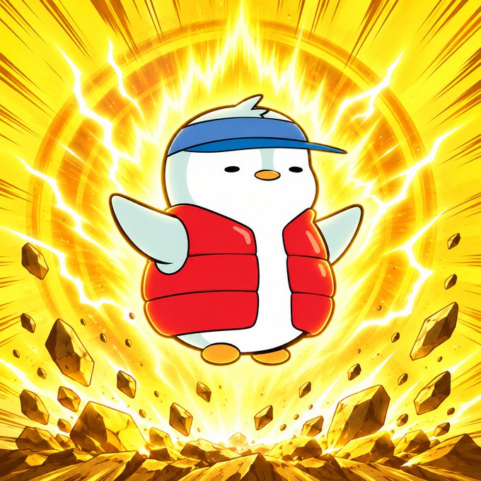 An illustrated penguin character wearing a blue visor and red puffy vest stands triumphantly amid an explosive yellow background with lightning and flying rocks.