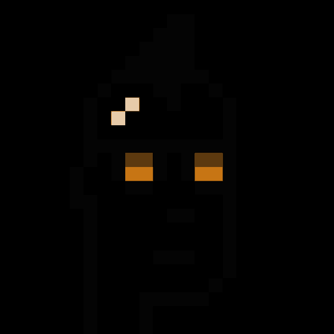 A very dark pixel art character with glowing orange square eyes and small light-colored pixels on its forehead.