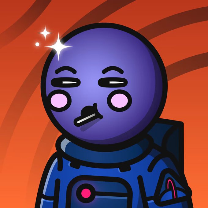 A cartoon astronaut with a purple head, pink cheeks, and a star on its forehead smiles contentedly while wearing a blue spacesuit against an orange swirled background, representing the character newly acquired from the SpaceRiders NFT collection.