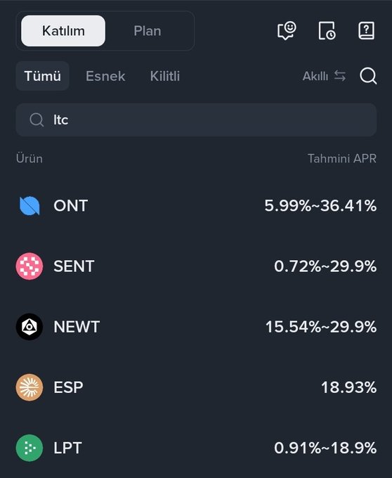The image shows the Binance TR Savings interface in Turkish, displaying "Katılım" (Participation) and "Plan" tabs with filter options (Tümü/Esnek/Kilitli - All/Flexible/Locked) and a search for "ltc" revealing altcoin yield products: ONT (5.99%-36.41%), SENT (0.72%-29.9%), NEWT (15.54%-29.9%), ESP (18.93%), and LPT (0.91%-18.9%) with their estimated APR rates. This illustrates the variety of flexible and locked savings options available on Binance TR for growing altcoin holdings over the medium to long term.