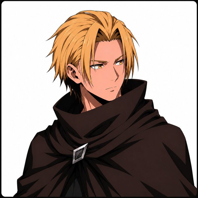 An anime-style illustration of a blonde-haired male character with golden eyes, wearing a dark hooded cloak fastened with a diamond clasp.