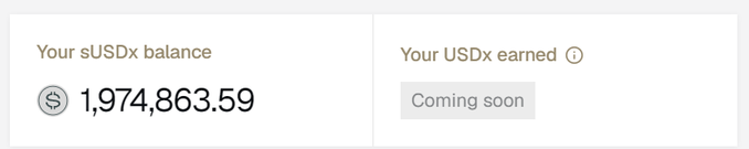 A screenshot of an Axis Finance dashboard showing a sUSDx balance of 1,974,863.59 (with "Your USDx earned" marked as "Coming soon"), illustrating the user's claim of depositing $2M into the protocol about a month and a half ago and earning a base yield while awaiting additional rewards.