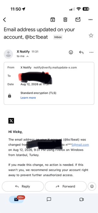 A mobile email screenshot from X Notify informing a user that their account email address for @bc1beat was updated to a partially redacted address on August 12, 2026, using Firefox on Windows from Istanbul, Turkey.