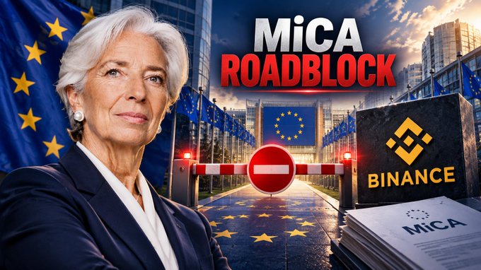 A graphic titled 'MiCA ROADBLOCK' featuring ECB President Christine Lagarde, the Binance logo, EU flags, and a red barrier gate blocking a path lined with documents labeled 'MiCA'.