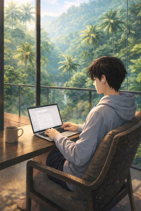 An anime-style illustration of a young man with earbuds working on a laptop at a wooden desk, overlooking a lush tropical jungle through large windows.
