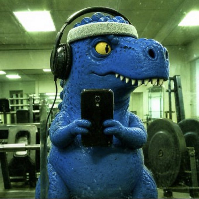 A blue Godzilla figure wearing a white headband and black headphones holds up a black smartphone in what appears to be a gym setting.