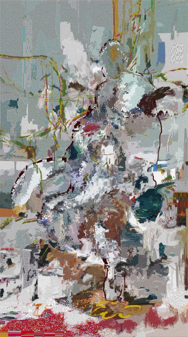 An abstract, glitch-art style portrait painting featuring a figure rendered in fragmented brushstrokes of white, blue, and earth tones with colorful pixelated distortions across the canvas.