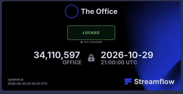 A Streamflow interface displaying a locked token stream for "The Office" showing 34,110,597 tokens with a release date of 2026-10-29 at 21:00:00 UTC.