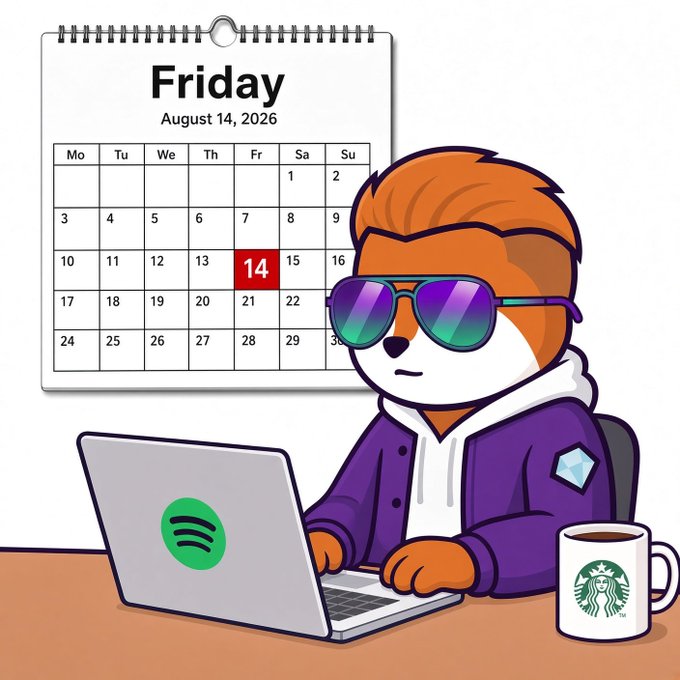 A cartoon fox with vibrant orange fur, sunglasses, and a purple jacket works on a laptop displaying the Spotify logo beside a Starbucks coffee mug, with a calendar highlighting Friday, August 14, 2026—perfectly capturing the "TGIF" vibes of a cozy Friday morning music session.