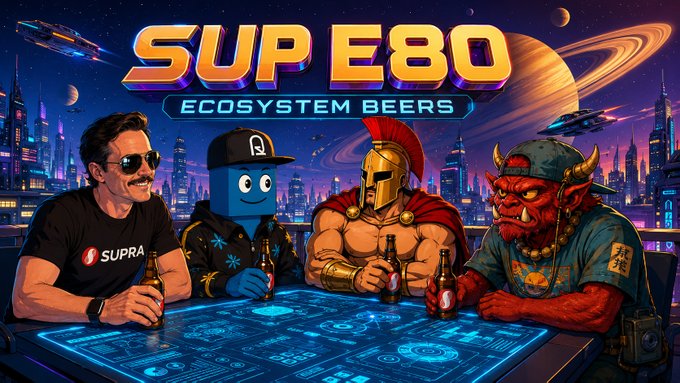 The image is a vibrant, sci-fi themed illustration promoting "SUP E80 - Ecosystem Beers," featuring four characters—a man in a "SUPRA" shirt, a blue robot, a Spartan warrior, and a red demon—gathered around a futuristic table with beer bottles, set against a cosmic cityscape backdrop. The artwork visually represents the collaborative and diverse guest lineup (Solid, 90s_Child, and BonJardy) featured in Episode 80 of the podcast.