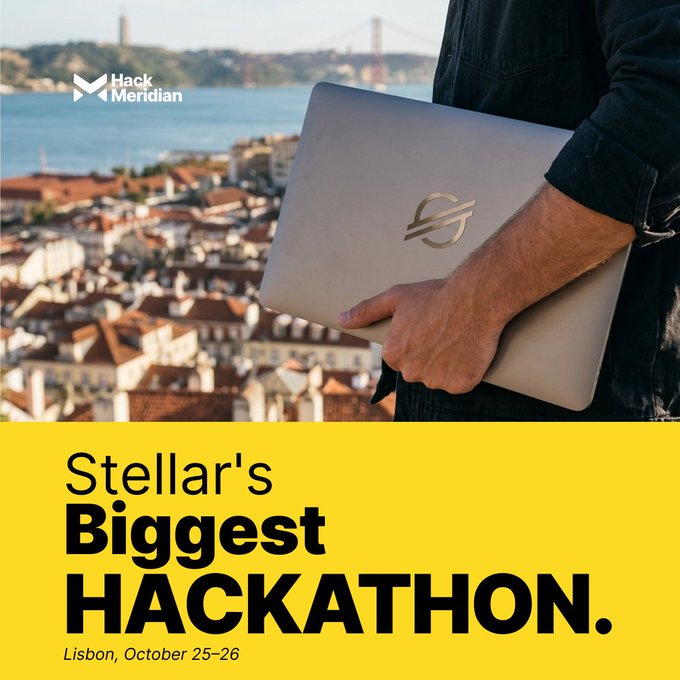 An advertisement for "Stellar's Biggest HACKATHON" in Lisbon on October 25-26, featuring a person holding a laptop with a Stellar logo against the city skyline.