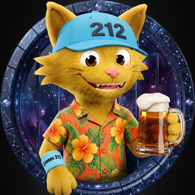 A 3D-rendered anthropomorphic yellow cat wearing a blue cap reading '212' and a Hawaiian shirt, smiling while holding a frosty mug of beer against a cosmic portal background.