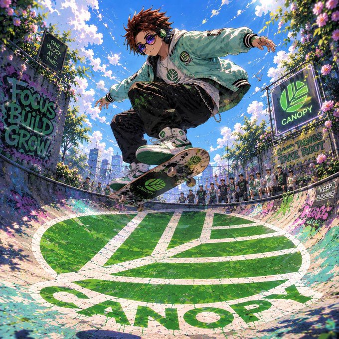 An anime-style illustration of a young person in a green jacket and sunglasses performing a skateboard trick high in the air above a graffiti-covered skate bowl featuring a large green 'CANOPY' leaf logo.