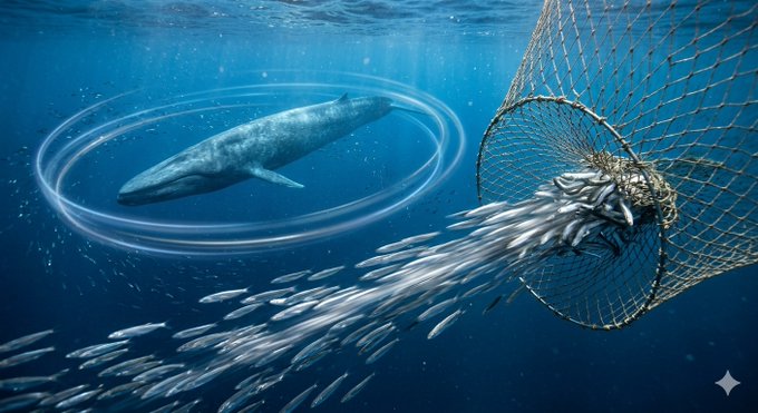 An artistic illustration shows a large whale underwater encircled by sound waves on the left, while on the right a fishing net captures a school of small fish.