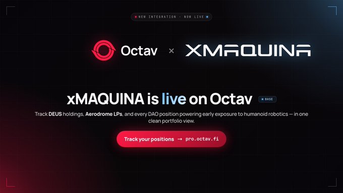 The image features an open webpage for a gaming company named @xmaquina. The main focus of the image is a red circle with a white line through it, which reads "Live On Octav". Below this circle, there are smaller circles containing text related to the game being played, such as "#TrackYourDEUS holdings", "#Aerodrome LPs", and "#DAO positions". The overall layout of the image emphasizes the connection between @xmaquina and the game they're promoting.