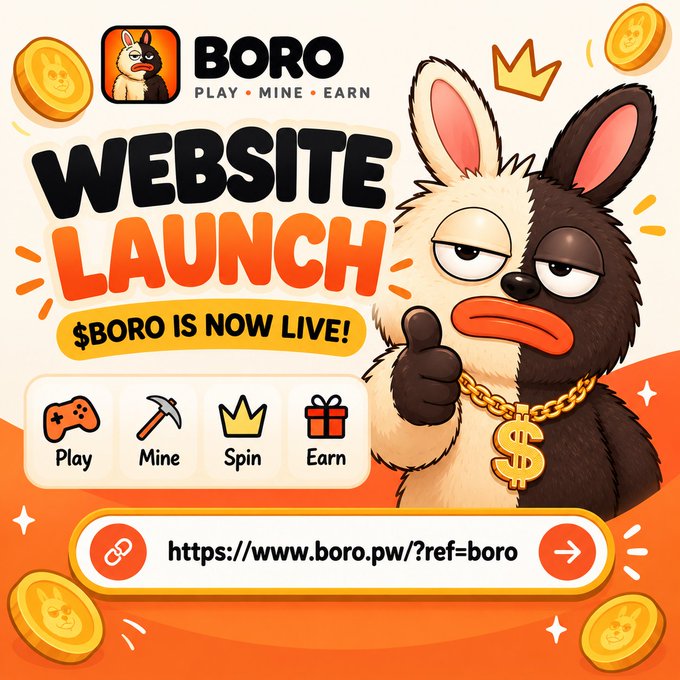 A vibrant promotional graphic for 'BORO' website launch featuring a cartoon rabbit wearing a gold chain, with text 'PLAY • MINE • EARN' and 'WEBSITE LAUNCH $BORO IS NOW LIVE!' alongside icons for Play, Mine, Spin, and Earn, and a referral link.