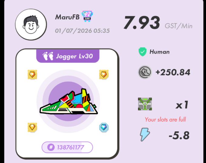 A StepN move-to-earn app screenshot showing user MaruFB with a Jogger Lv30 sneaker earning 7.93 GST/Min, +250.84, and -5.8 energy, noting 'Your slots are full'.