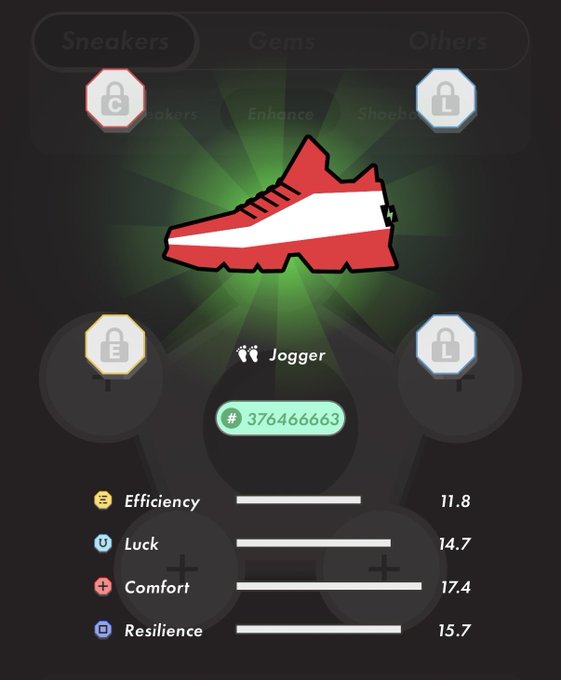 The image shows a shoe with red and white colors, possibly a sneaker or athletic shoe, placed against a black background. The shoe appears to be a sneaker designed for jogging purposes. There are three other sneakers displayed in the image as well, but they do not seem to have any special features or functions related to jogging.