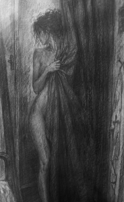 A dark, expressive charcoal-style sketch of a nude figure standing in a narrow space, holding onto a draped curtain.