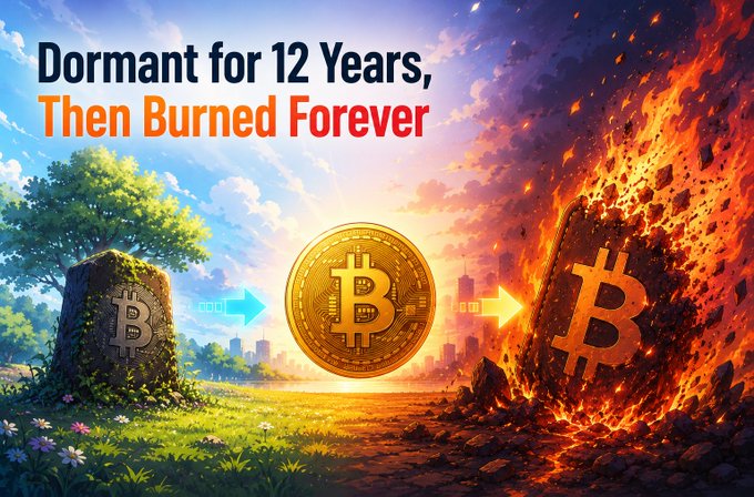 A digital artwork showing the text 'Dormant for 12 Years, Then Burned Forever' depicting a Bitcoin tombstone, a gold Bitcoin coin, and a flaming Bitcoin, with arrows showing progression.
