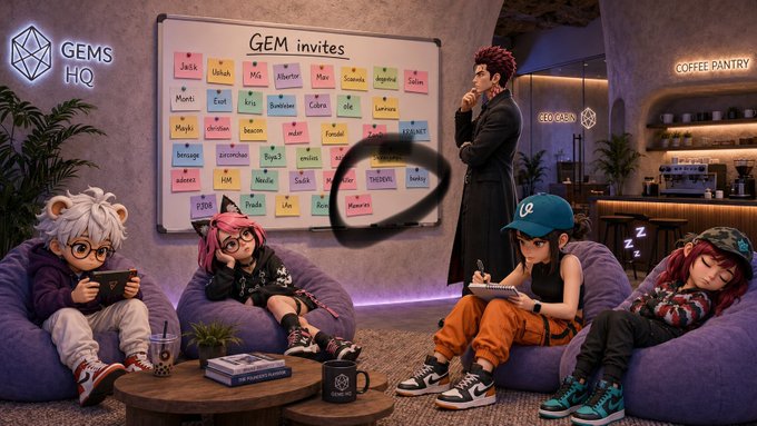 A 3D-rendered scene titled 'GEMS HQ' showing anime-style characters in a lounge area looking at a whiteboard titled 'GEM invites' filled with name tags.