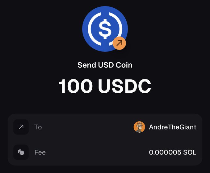 A Solana transaction confirmation screen shows a transfer of **100 USDC** to **AndreTheGiant**, with a fee of **0.000005 SOL**; the accompanying post links to the transaction on Solscan (`solscan.io/tx/3pgTNAES1Mj…`).