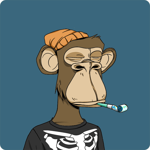 The image features a cartoon monkey wearing a black shirt, with its arms crossed over its chest. The monkey has a cigarette in one hand and a party horn in the other. The background of the image is blue, which contrasts with the monkey's brown fur. There are no texts or other objects present in the image. The focus on the monkey and its actions creates an interesting visual narrative that connects to the post about the ape being bought for 7.5 WETH 0x3296...73ac 0x2081...9d18 etherscan.io/tx/0xffc4ba68c ... Return to Monke: opensea.io/collection/bor ... bored ape yacht club".