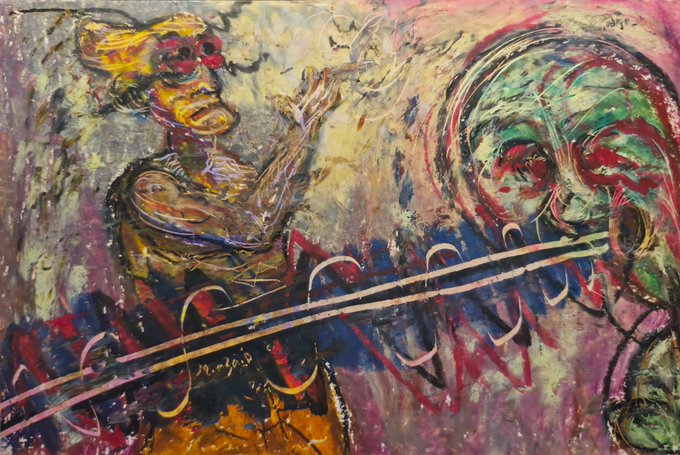 An abstract expressionist painting featuring distorted figures, including one in yellow with a horned head and another large green face, connected by linear elements in a chaotic, colorful composition.
