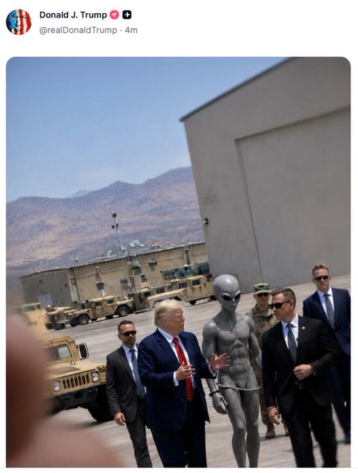 A screenshot from Donald Trump's @realDonaldTrump account (posted 4 minutes ago) shows the former president standing in front of military vehicles at what appears to be a military base, alongside a digitally added image of a gray alien standing among his entourage of security personnel. The post promotes the $MAGA cryptocurrency token, with the caption framing the image as a tease about alien disclosure ("meta") to hype up the @MAGA_Aliens community.