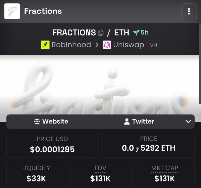 A cryptocurrency tracking app displays "FRACTIONS / ETH" with a 5h growth indicator, showing the token available on Robinhood and Uniswap V4 at a price of $0.0001285, with liquidity of $33K and market cap reaching $131K, aligning with the post highlighting FRACTIONS' market cap growth from $42K to $131K.