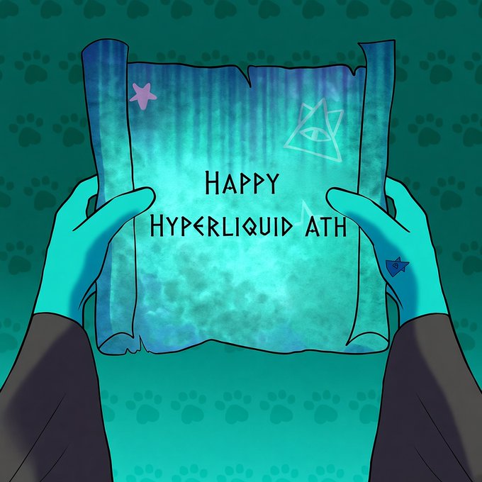 An illustrated graphic showing two teal hands holding up a scroll that reads 'HAPPY HYPERLIQUID ATH', decorated with a pink star and an eye-in-triangle symbol, against a background of paw prints.