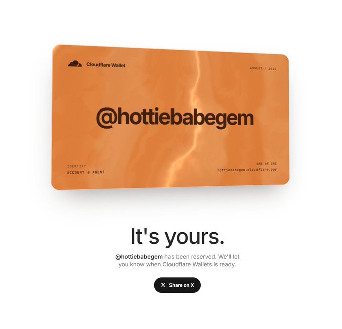 The image shows a Cloudflare Wallet card with the username "@hottiebabegem" reserved, confirming it's yours and ready for Cloudflare Wallets.