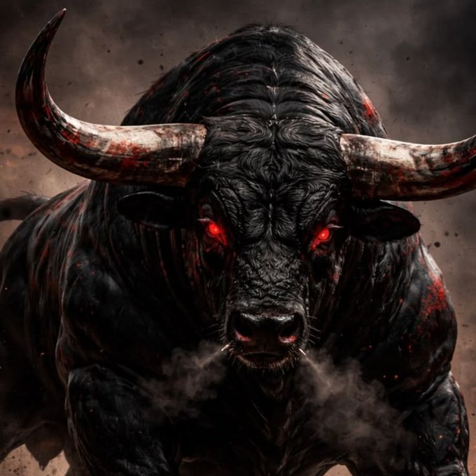 A dramatic digital artwork of a menacing black bull with glowing red eyes, bloody horns, and steam billowing from its nostrils.