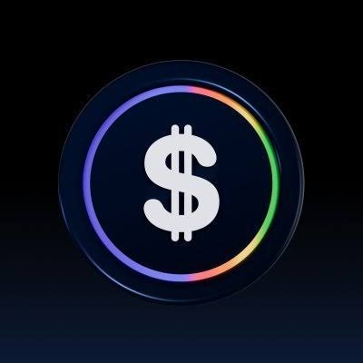A glowing circular emblem featuring a prominent white dollar sign ($) surrounded by a multicolored neon ring (blue, purple, orange, and green hues) on a dark background, visually representing the MetalDollar ($XMD) stablecoin highlighted in the promotional post as "The Future Stable Coin King."