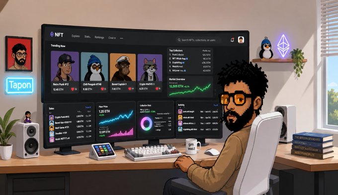 A cartoon-style illustration of a bearded man at his desk looking at a computer screen displaying an NFT marketplace dashboard featuring 'Bored Punk', 'C&P Penguin', 'Bored Captain', and 'Crypto Wolf' collections.