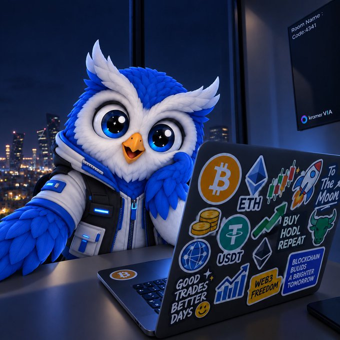 A 3D-rendered cartoon owl in a futuristic jacket sits at a desk with a laptop covered in cryptocurrency stickers (Bitcoin, ETH, USDT), reading 'BUY HODL REPEAT' and 'GOOD TRADES BETTER DAYS,' with a monitor displaying 'Room Name: Code:4341' and 'kramer VIA' in the background.