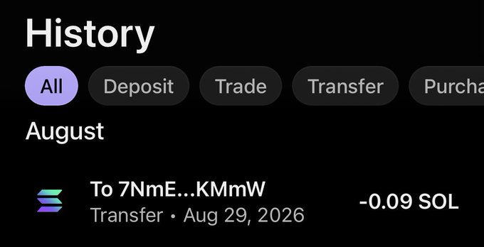 A transaction history screen shows a transfer of -0.09 SOL sent to address "7NmE...KMmW" on August 29, 2026, under the "All" filter tab. The image contrasts the claim of winning $10 with a recent outgoing transfer of roughly $15 worth of SOL, suggesting the funds were sent out rather than received.