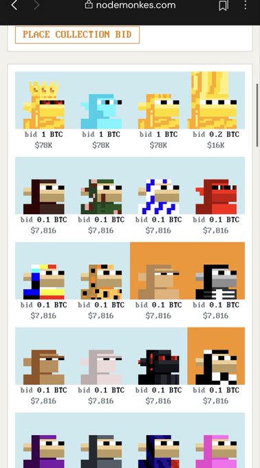 A screenshot from nodemonkes.com displaying a "PLACE COLLECTION BID" page with pixelated monkey NFT avatars, each showing bid amounts of 1 BTC ($78K) and 0.1 BTC ($7,816), totaling the 6.78 BTC (~530K USD) heavy collection bid mentioned in the post.