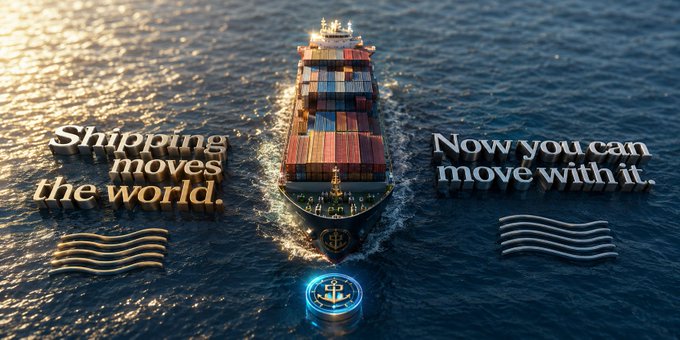 An aerial view of a large container ship on the ocean with the text 'Shipping moves the world.' on the left and 'Now you can move with it.' on the right, along with a small ship icon below.